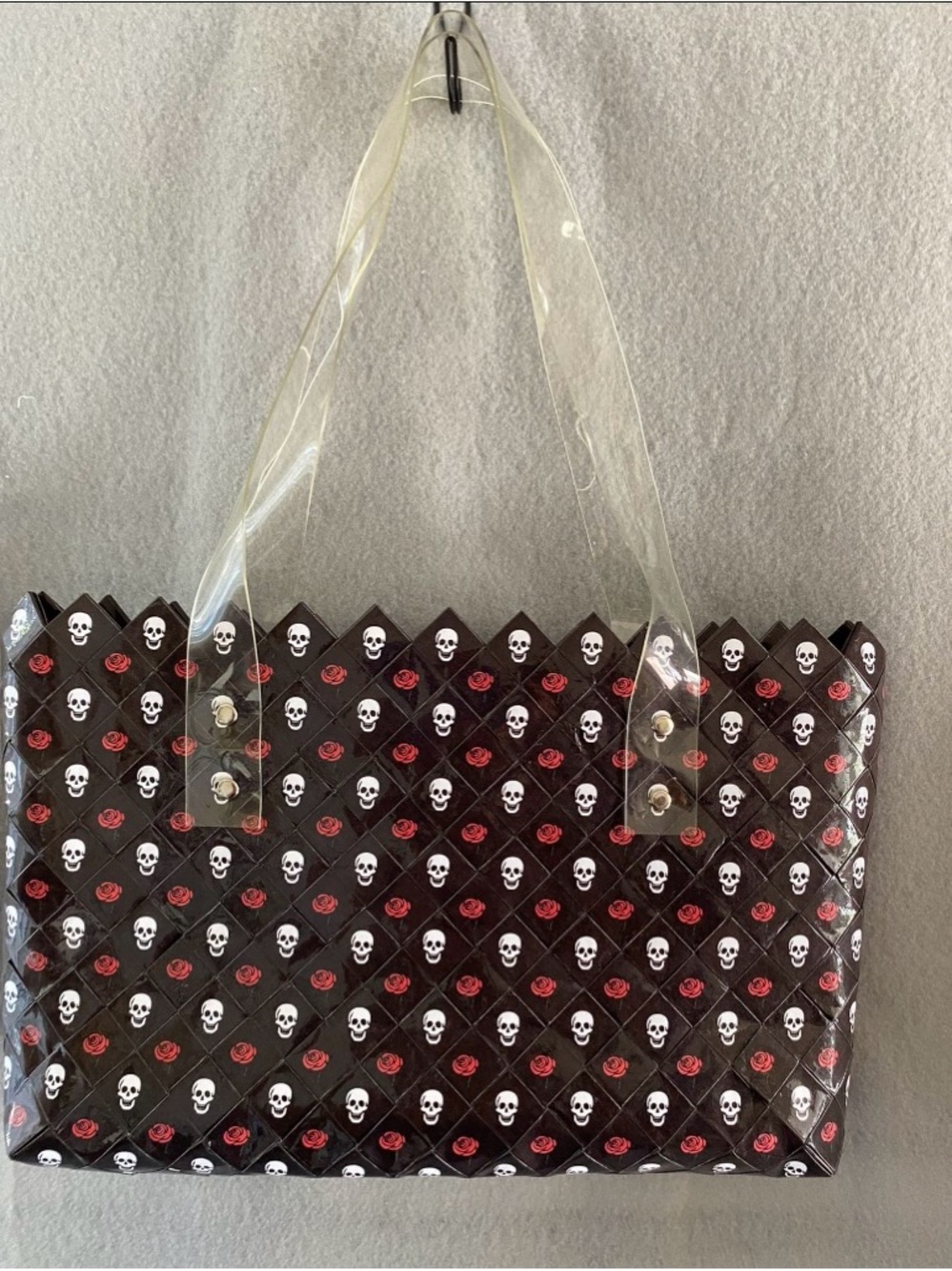 Clear Handle Black Tote Bag with Skull & Rose Print